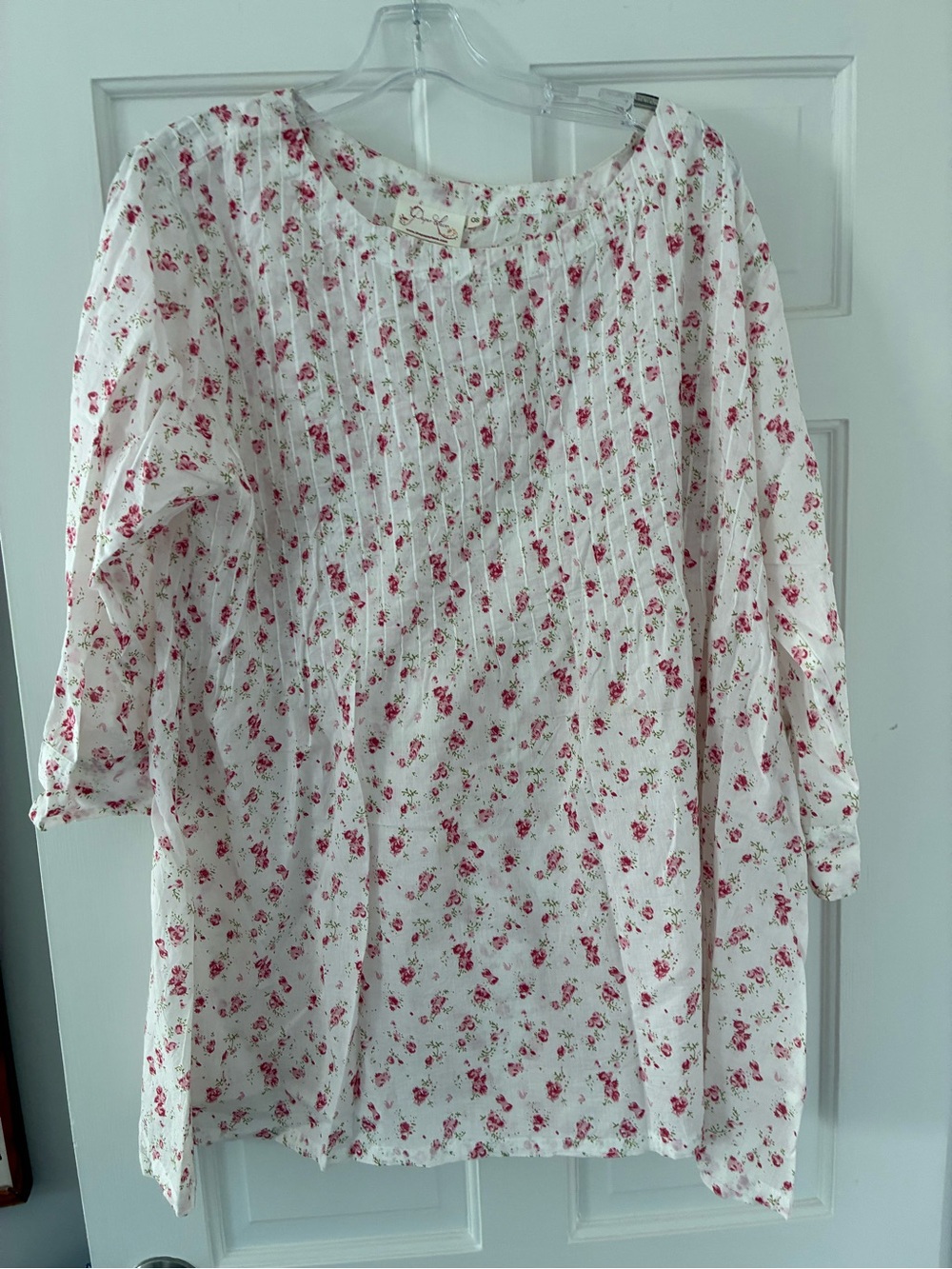 White Floral Pintuck Peasant Blouse with Pink Rose Print